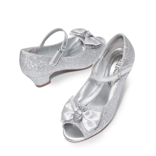 Girls' Bow Flower Low Heel Dress Shoes  - SILVER-GLITTER - 3